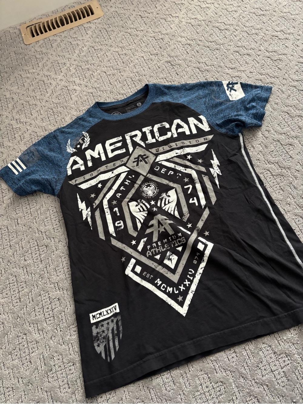 American Fighter Black T-Shirt with Blue Raglan Sleeves and Graphic Front